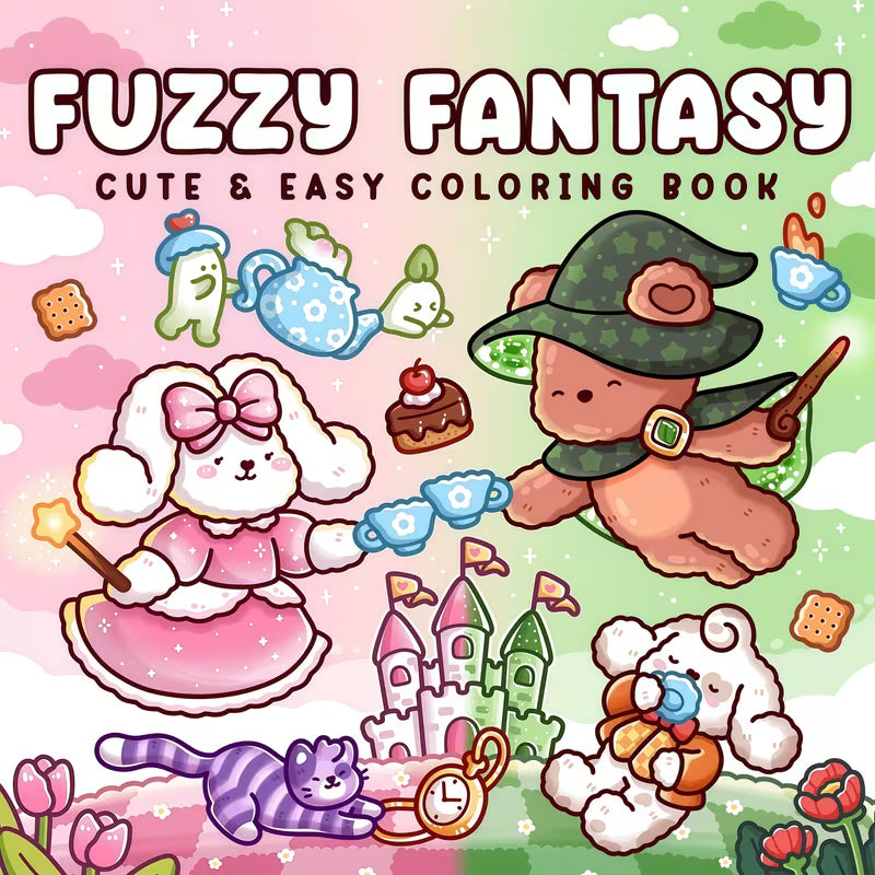 Fuzzy Fantasy -värityskirjan kansikuva. Kuvassa söpöjä ja pörröisiä fantasia-aiheisia eläinhahmoja rentoutumassa ja puuhailemassa taianomaisessa sekä kotoisassa ympäristössä.