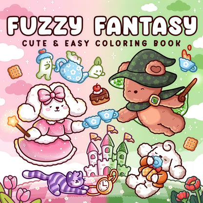 Fuzzy Fantasy -värityskirjan kansikuva. Kuvassa söpöjä ja pörröisiä fantasia-aiheisia eläinhahmoja rentoutumassa ja puuhailemassa taianomaisessa sekä kotoisassa ympäristössä.