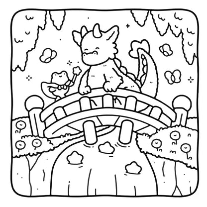 Fuzzy Fantasy -värityskirjan kansikuva. Kuvassa söpöjä ja pörröisiä fantasia-aiheisia eläinhahmoja rentoutumassa ja puuhailemassa taianomaisessa sekä kotoisassa ympäristössä.