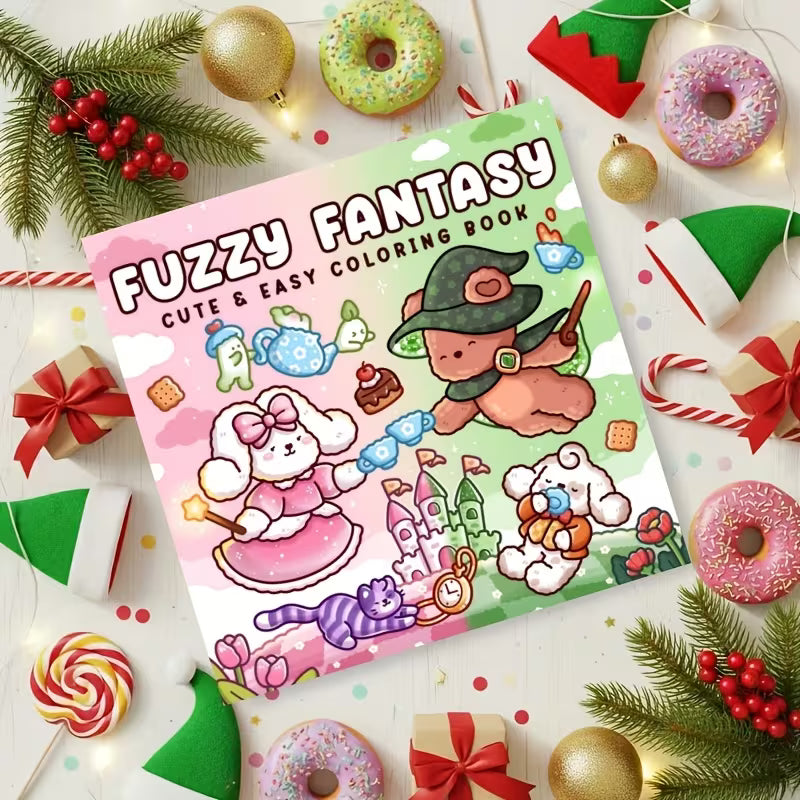 Fuzzy Fantasy -värityskirjan kansikuva. Kuvassa söpöjä ja pörröisiä fantasia-aiheisia eläinhahmoja rentoutumassa ja puuhailemassa taianomaisessa sekä kotoisassa ympäristössä.
