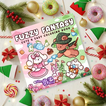 Fuzzy Fantasy -värityskirjan kansikuva. Kuvassa söpöjä ja pörröisiä fantasia-aiheisia eläinhahmoja rentoutumassa ja puuhailemassa taianomaisessa sekä kotoisassa ympäristössä.