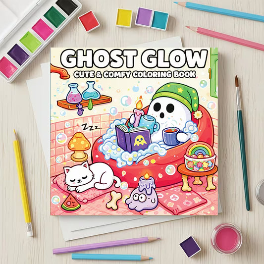 Ghost Glow -värityskirjan kansikuva. Kuvassa söpöjä ja iloisia kummitushahmoja rentoutumassa ja puuhailemassa lämpimässä, kotoisassa ja taianomaisessa ilmapiirissä.