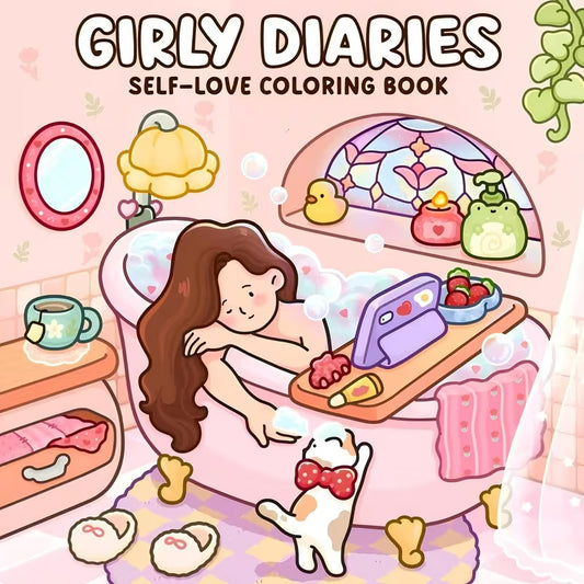 Tuotekuva Girly Diaries Self-Love -värityskirjan vaaleanpunaisesta kannesta, jossa tyttö kylpee vaahtokylvyssä kissan kanssa kylpyhuoneen tunnelmallisessa miljöössä.   
