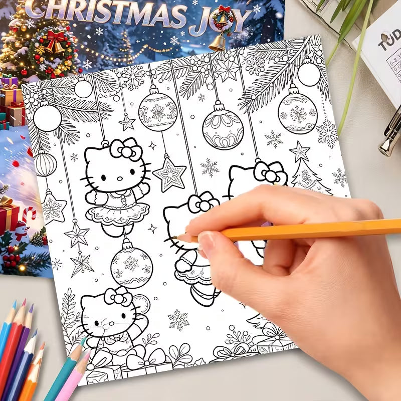 Hello Kitty Christmas Joy -värityskirjan kansikuva. Kuvassa söpö Hello Kitty jouluisessa asussa ja joulutunnelmissa, ympärillään kotoisia joulukoristeita ja lämmin joulutunnelma.
