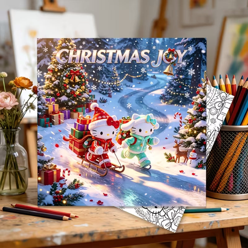 Hello Kitty Christmas Joy -värityskirjan kansikuva. Kuvassa söpö Hello Kitty jouluisessa asussa ja joulutunnelmissa, ympärillään kotoisia joulukoristeita ja lämmin joulutunnelma.