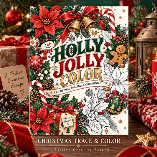 Holly Jolly -värityskirjan kansikuva. Kuvassa söpöjä iloisia hahmoja rentoutumassa ja puuhailemassa kotoisissa joulutunnelmissa koristeiden ja lämpimän ilmapiirin keskellä.