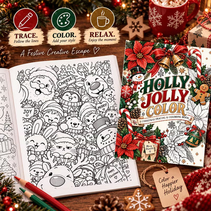 Holly Jolly -värityskirjan kansikuva. Kuvassa söpöjä iloisia hahmoja rentoutumassa ja puuhailemassa kotoisissa joulutunnelmissa koristeiden ja lämpimän ilmapiirin keskellä.