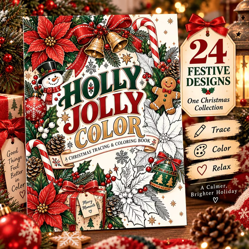 Holly Jolly -värityskirjan kansikuva. Kuvassa söpöjä iloisia hahmoja rentoutumassa ja puuhailemassa kotoisissa joulutunnelmissa koristeiden ja lämpimän ilmapiirin keskellä.