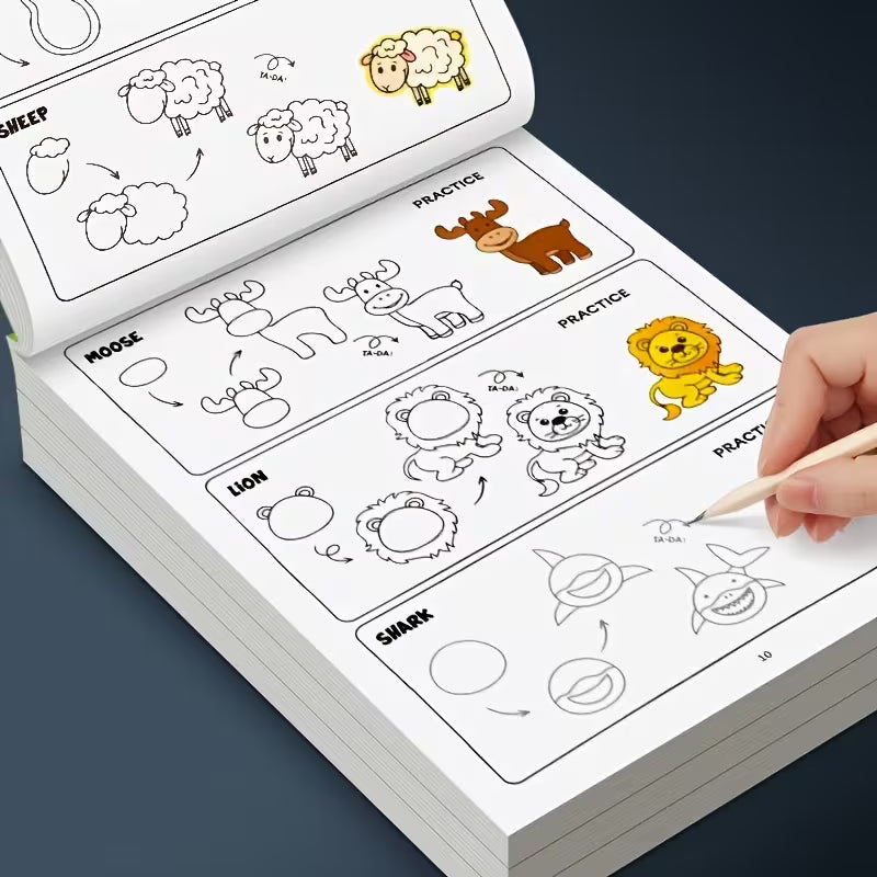 Tuotekuva How to Draw Animals -piirustuskirjan aukeamasta, jossa näytetään vaiheittaiset piirustusohjeet keltaisen leijonan, hirven ja hain piirtämiseen.   
