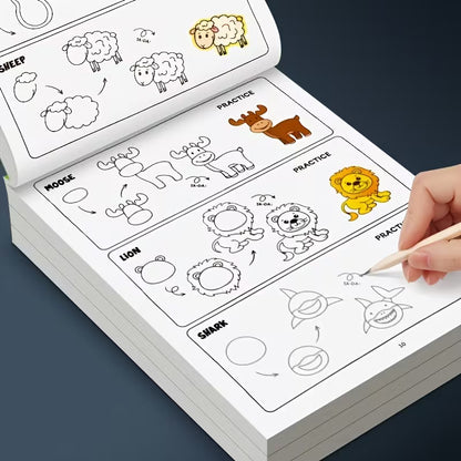 Tuotekuva How to Draw Animals -piirustuskirjan aukeamasta, jossa näytetään vaiheittaiset piirustusohjeet keltaisen leijonan, hirven ja hain piirtämiseen.   