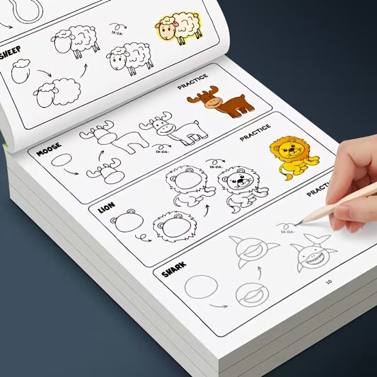 Tuotekuva How to Draw Animals -piirustuskirjan aukeamasta, jossa näytetään vaiheittaiset piirustusohjeet keltaisen leijonan, hirven ja hain piirtämiseen.   