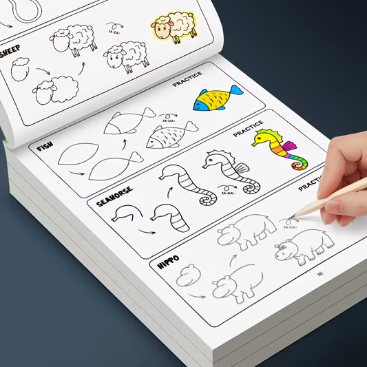 Tuotekuva How to Draw Animals -piirustuskirjan aukeamasta, jossa näytetään vaiheittaiset piirustusohjeet keltaisen leijonan, hirven ja hain piirtämiseen.   
