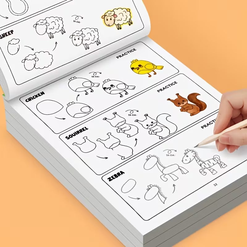 Tuotekuva How to Draw Animals -piirustuskirjan aukeamasta, jossa näytetään vaiheittaiset piirustusohjeet keltaisen leijonan, hirven ja hain piirtämiseen.   