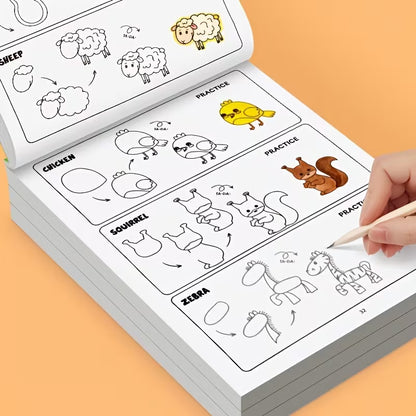 Tuotekuva How to Draw Animals -piirustuskirjan aukeamasta, jossa näytetään vaiheittaiset piirustusohjeet keltaisen leijonan, hirven ja hain piirtämiseen.   