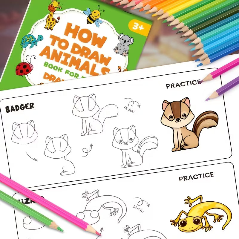 Tuotekuva How to Draw Animals -piirustuskirjan aukeamasta, jossa näytetään vaiheittaiset piirustusohjeet keltaisen leijonan, hirven ja hain piirtämiseen.   