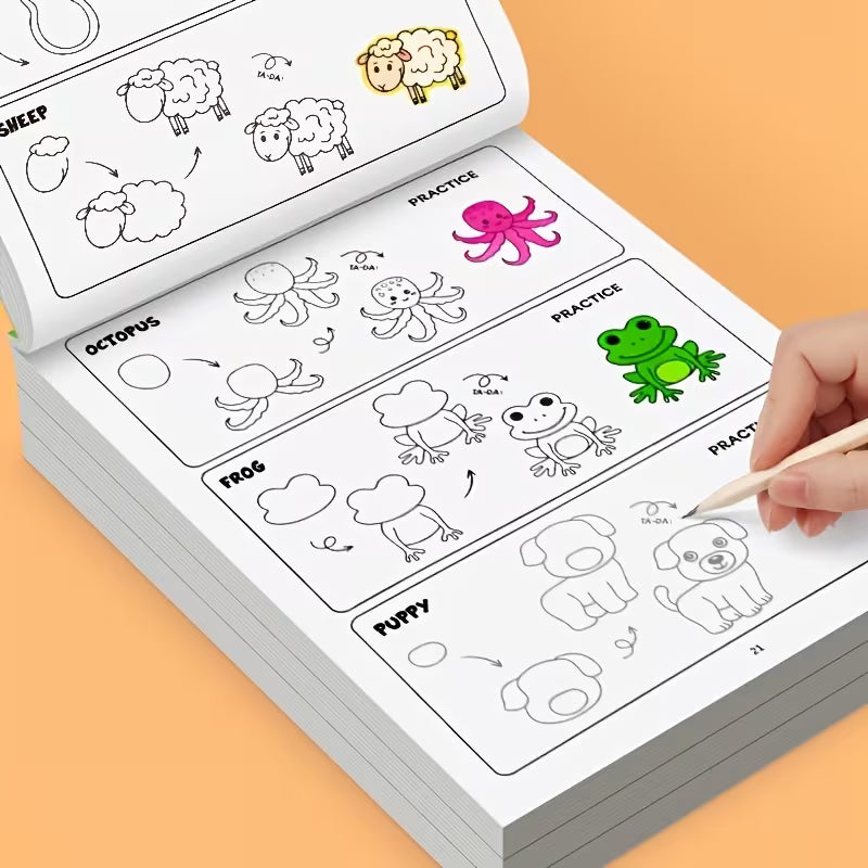 Tuotekuva How to Draw Animals -piirustuskirjan aukeamasta, jossa näytetään vaiheittaiset piirustusohjeet keltaisen leijonan, hirven ja hain piirtämiseen.   