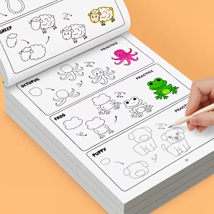Tuotekuva How to Draw Animals -piirustuskirjan aukeamasta, jossa näytetään vaiheittaiset piirustusohjeet keltaisen leijonan, hirven ja hain piirtämiseen.   