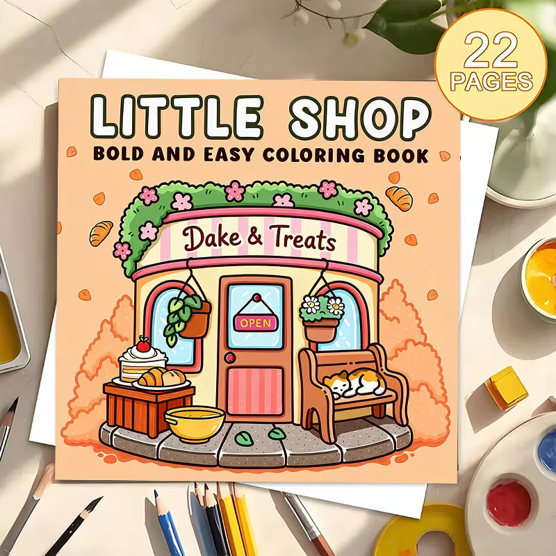 Tuotekuva Little Shop Bold and Easy -värityskirjan kannesta, jossa on värikäs 3D-tyylinen leipomo ja kahvila sekä puistonpenkillä nukkuva kissa.   
