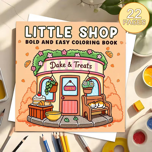 Tuotekuva Little Shop Bold and Easy -värityskirjan kannesta, jossa on värikäs 3D-tyylinen leipomo ja kahvila sekä puistonpenkillä nukkuva kissa.   