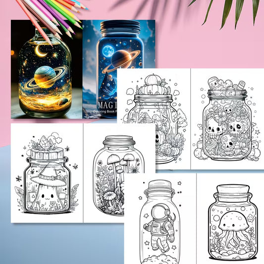 Tuotekuva Magic Jar -värityskirjan kannesta, jossa on lumoava lasipurkki täynnä avaruutta, planeettoja ja jäävuoria.