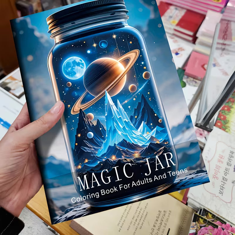 Tuotekuva Magic Jar -värityskirjan kannesta, jossa on lumoava lasipurkki täynnä avaruutta, planeettoja ja jäävuoria.