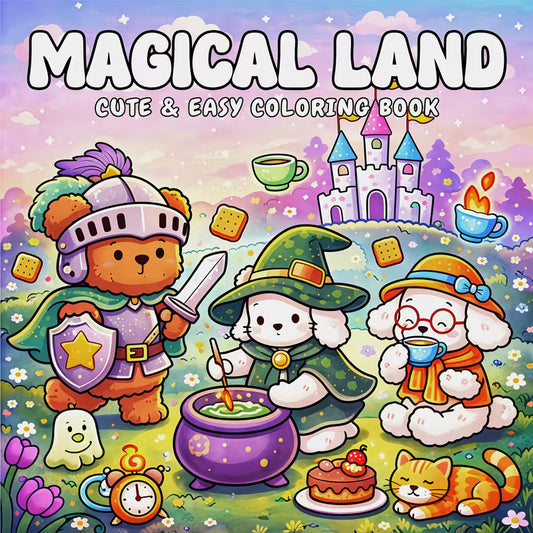 Magical Land -värityskirjan kansikuva. Kuvassa söpöjä satuhahmoja ja eläimiä rentoutumassa ja puuhailemassa taianomaisessa, kotoisassa ja hyvän mielen satumaailmassa.