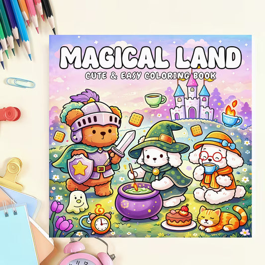 Magical Land -värityskirjan kansikuva. Kuvassa söpöjä satuhahmoja ja eläimiä rentoutumassa ja puuhailemassa taianomaisessa, kotoisassa ja hyvän mielen satumaailmassa.