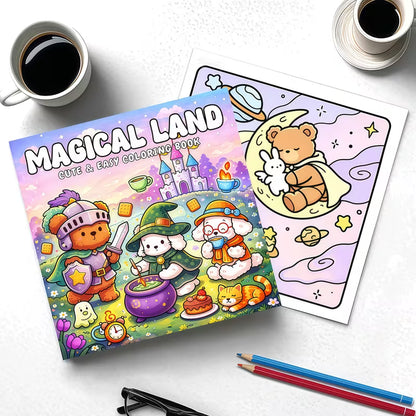 Magical Land -värityskirjan kansikuva. Kuvassa söpöjä satuhahmoja ja eläimiä rentoutumassa ja puuhailemassa taianomaisessa, kotoisassa ja hyvän mielen satumaailmassa.