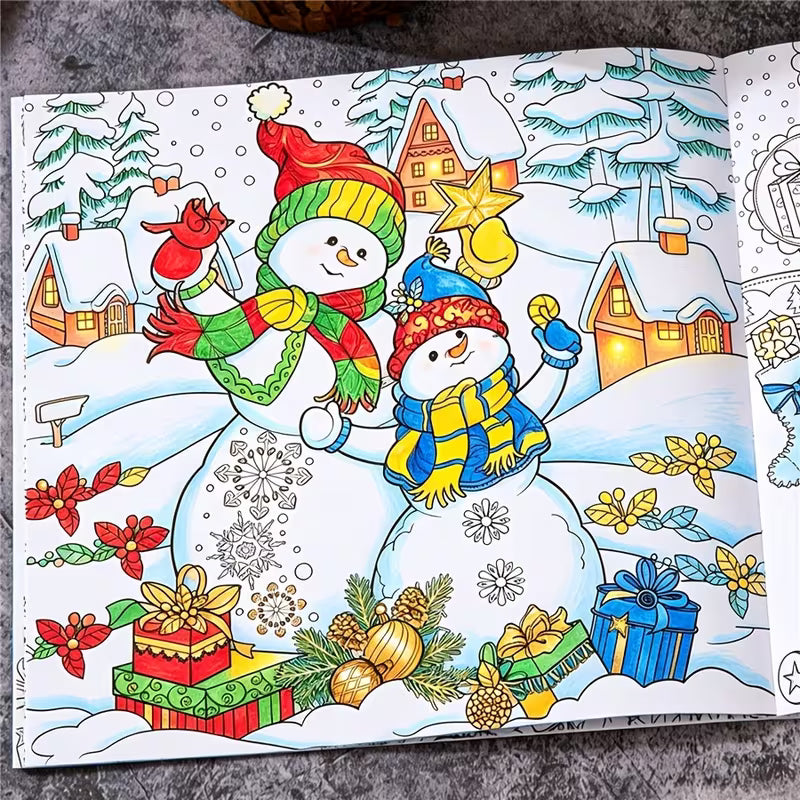 Tuotekuva Magical Winter -jouluvärityskirjan kannesta, jossa on suloinen valkoinen karhu joululahjojen, joulukuusen ja piparkakkuukkosen ympäröimänä.