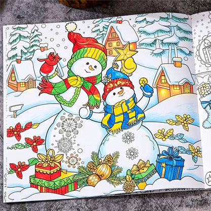 Tuotekuva Magical Winter -jouluvärityskirjan kannesta, jossa on suloinen valkoinen karhu joululahjojen, joulukuusen ja piparkakkuukkosen ympäröimänä.