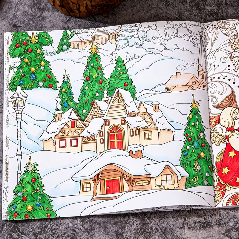 Tuotekuva Magical Winter -jouluvärityskirjan kannesta, jossa on suloinen valkoinen karhu joululahjojen, joulukuusen ja piparkakkuukkosen ympäröimänä.