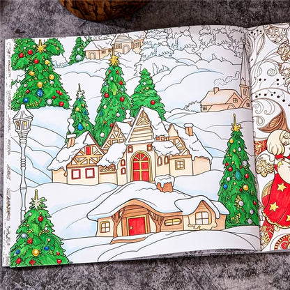 Tuotekuva Magical Winter -jouluvärityskirjan kannesta, jossa on suloinen valkoinen karhu joululahjojen, joulukuusen ja piparkakkuukkosen ympäröimänä.