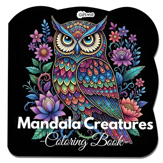 Mandala Creatures -värityskirjan kansikuva. Kuvassa söpöjä eläimiä yhdistettynä harmonisiin ja yksityiskohtaisiin mandalakuvioihin rentouttavassa sekä kotoisassa ilmapiirissä.