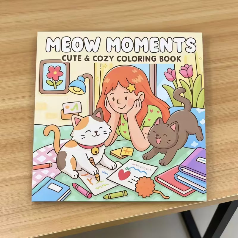Tuotekuva Meow Moments -värityskirjan kannesta, jossa pörröiset kissat ja punatukkainen tyttö piirtävät kotoisassa huoneessa.   