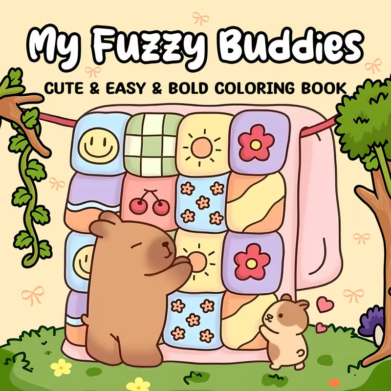 My Fuzzy Buddies -värityskirjan kansikuva. Kuvassa söpöjä ja pörröisiä eläinkaveruksia rentoutumassa ja puuhailemassa lämpimässä sekä kotoisassa ympäristössä.