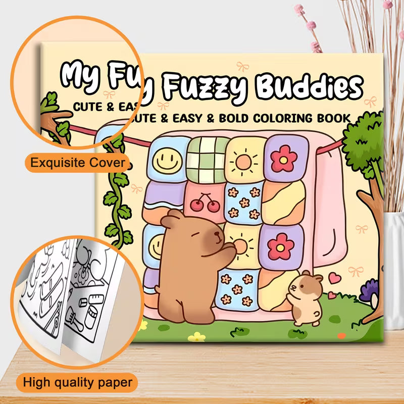 My Fuzzy Buddies -värityskirjan kansikuva. Kuvassa söpöjä ja pörröisiä eläinkaveruksia rentoutumassa ja puuhailemassa lämpimässä sekä kotoisassa ympäristössä.
