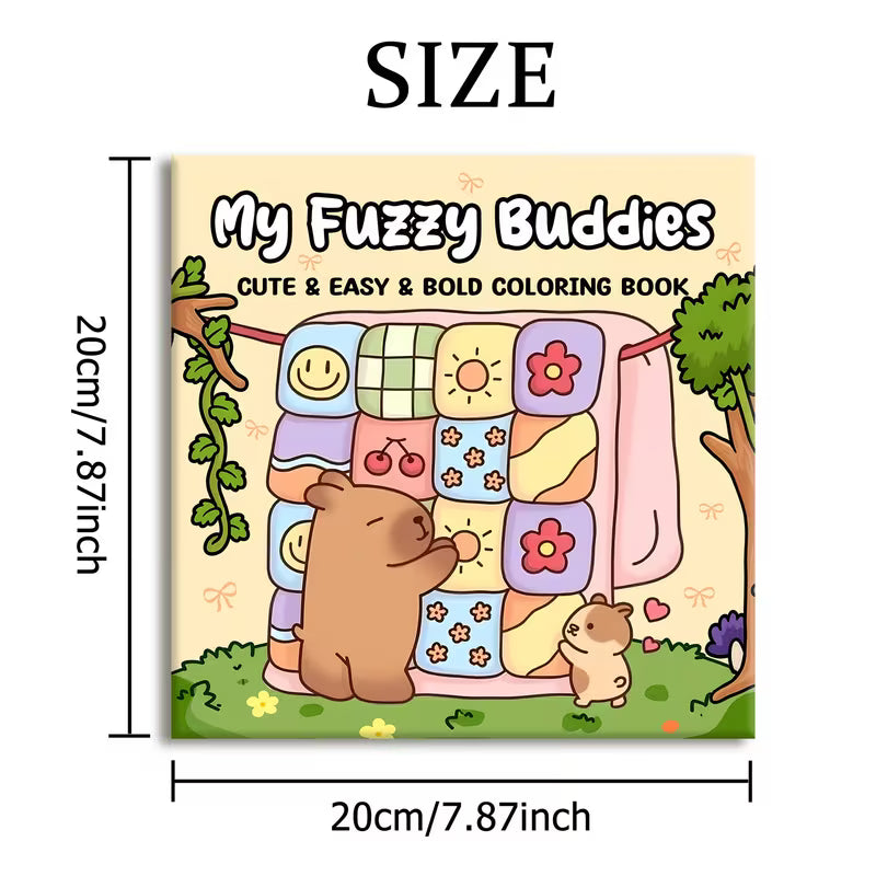 My Fuzzy Buddies -värityskirjan kansikuva. Kuvassa söpöjä ja pörröisiä eläinkaveruksia rentoutumassa ja puuhailemassa lämpimässä sekä kotoisassa ympäristössä.