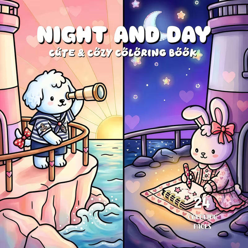 Night and Day -värityskirjan kansikuva. Kuvassa söpöjä eläinhahmoja rentoutumassa ja puuhailemassa sekä valoisan päivän että hämärän yön kotoisissa tunnelmissa.