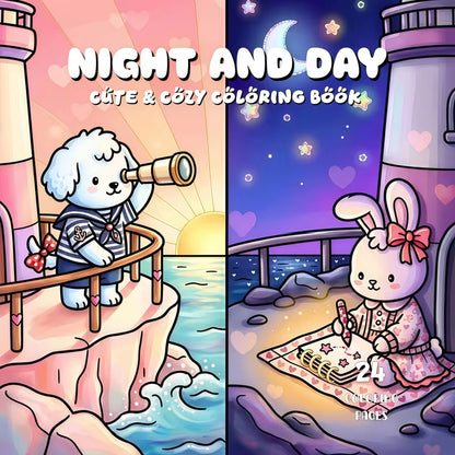 Night and Day -värityskirjan kansikuva. Kuvassa söpöjä eläinhahmoja rentoutumassa ja puuhailemassa sekä valoisan päivän että hämärän yön kotoisissa tunnelmissa.