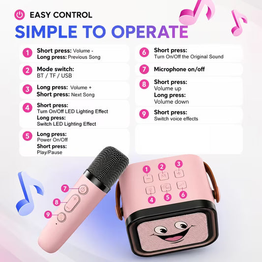 Tuotekuva vaaleanpunaisesta hymynaamaisesta Bluetooth-karaokekaiuttimesta, jossa on värikkäät valot, kantokahva ja kaksi langatonta mikrofonia.   