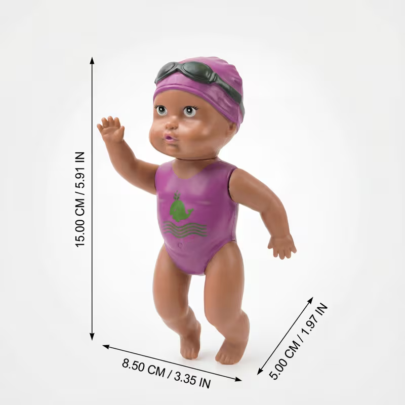 Tuotekuva vedettävästä uivasta nukkelelusta. Kuvassa violettiin uimapukuun ja uimalaseihin pukeutunut nukke mittatietoineen valkoisella taustalla.   