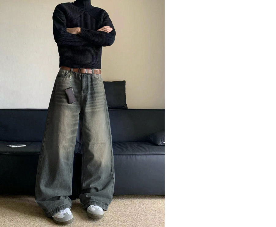 Rento ja monipuolinen väljä istuvuus kuluneella denim-kankaalla ja leveälahkeiset farkut XL