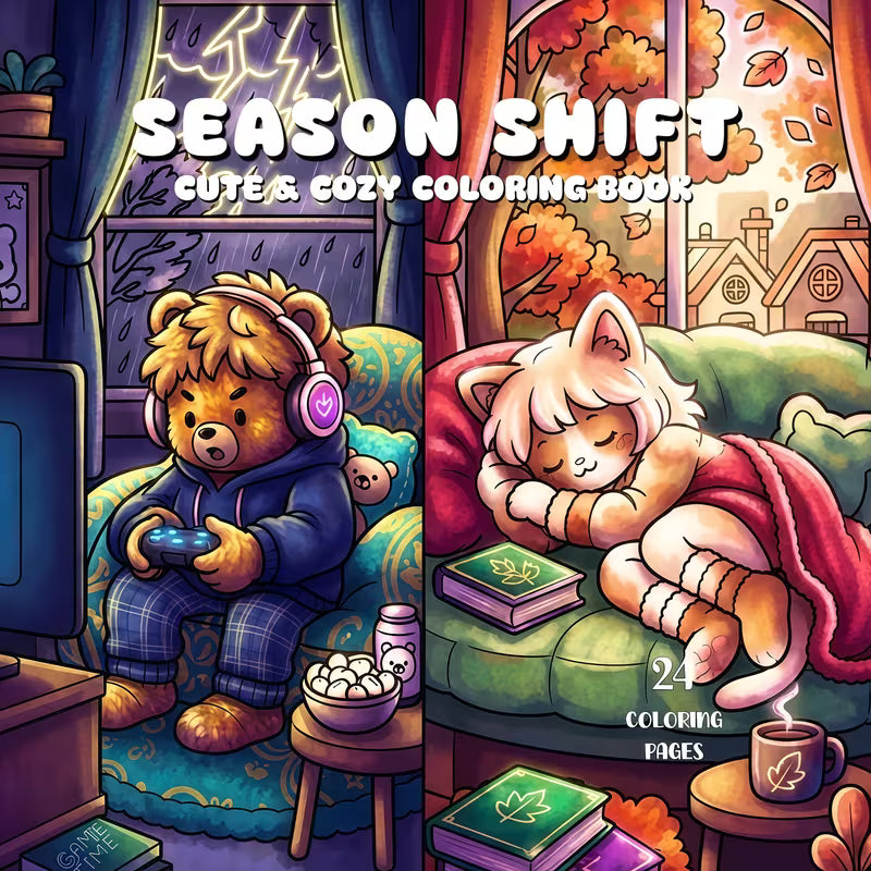 Season Shift -värityskirjan kansikuva. Kuvassa söpöjä eläinhahmoja rentoutumassa ja puuhailemassa eri vuodenaikoihin liittyvissä kotoisissa ja lämpimissä tunnelmissa.
