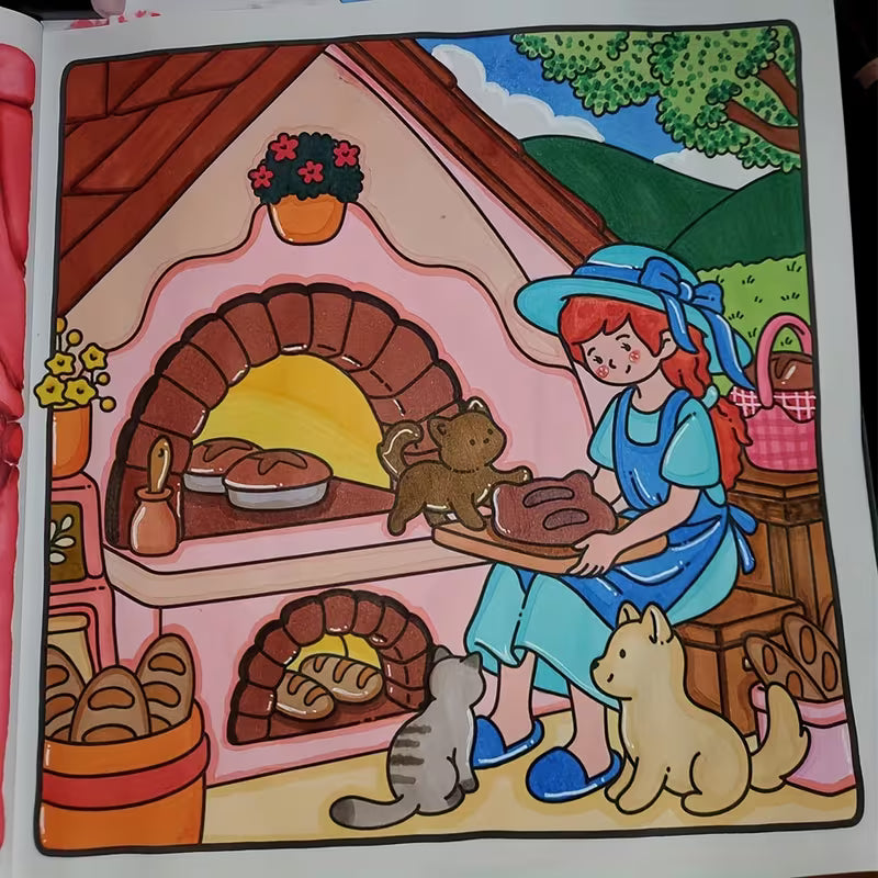 Simple Joy -värityskirjan kansikuva. Kuvassa söpöjä ja iloisia eläinhahmoja rentoutumassa ja puuhailemassa lämpimässä, kotoisassa ja hyvän mielen ympäristössä.