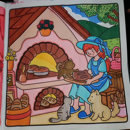 Simple Joy -värityskirjan kansikuva. Kuvassa söpöjä ja iloisia eläinhahmoja rentoutumassa ja puuhailemassa lämpimässä, kotoisassa ja hyvän mielen ympäristössä.