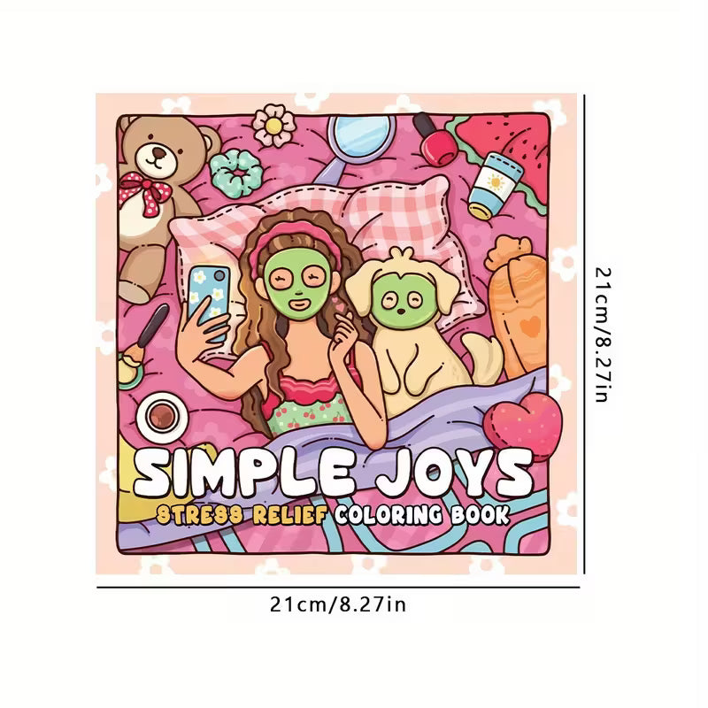 Simple Joy -värityskirjan kansikuva. Kuvassa söpöjä ja iloisia eläinhahmoja rentoutumassa ja puuhailemassa lämpimässä, kotoisassa ja hyvän mielen ympäristössä.