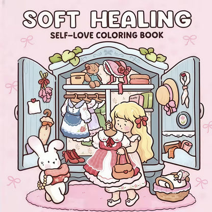 Soft Healing -värityskirjan kansikuva. Kuvassa söpöjä ja pehmeitä eläinhahmoja nauttimassa rentouttavista ja hoivaavista hetkistä lämpimässä sekä kotoisassa ympäristössä.