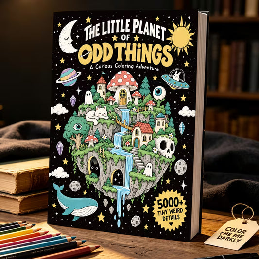 The Little Planet of Odd Things -värityskirjan kansikuva. Kuvassa söpöjä ja hassuja pikkuhahmoja sekä tuhansia yksityiskohtaisia esineitä pienen planeetan kotoisassa ja leikkisässä maailmassa.