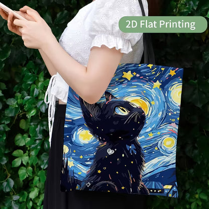Tähtiyö & musta kissa – Van Gogh -tyylinen taidekangaskassi / kestokassi