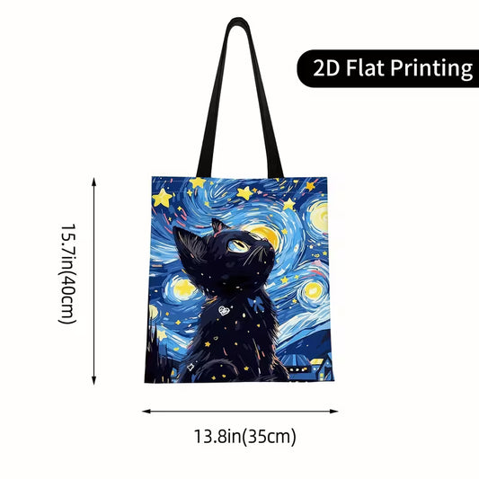 Tähtiyö & musta kissa – Van Gogh -tyylinen taidekangaskassi / kestokassi